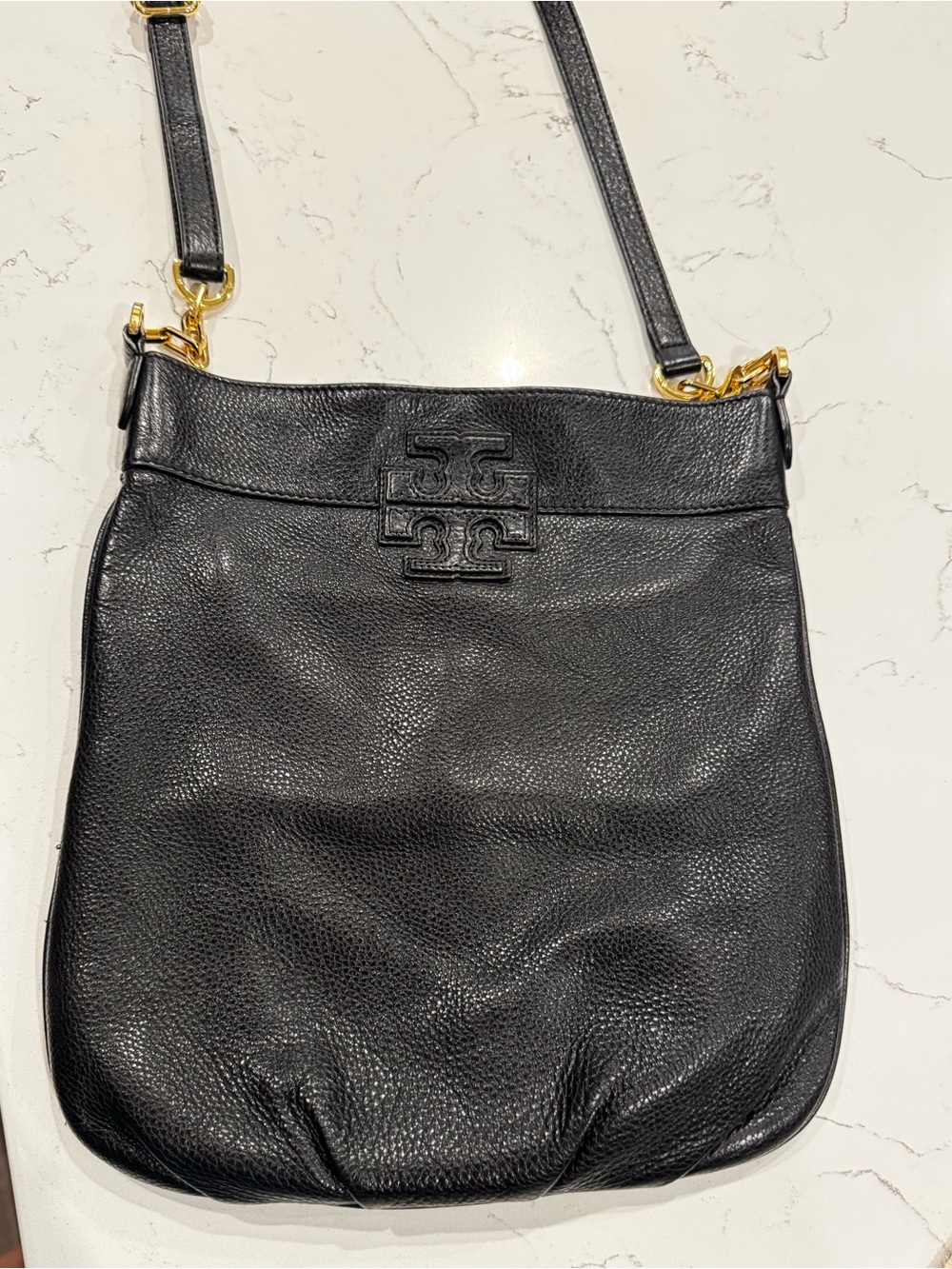 Tory Burch Black Pebbled Leather Crossbody with Logo